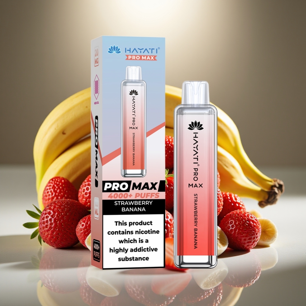 Hayati Pro Max Zemeņu Banānu Disposable Vape ar 4000 piepildījumiem un LED gaismu