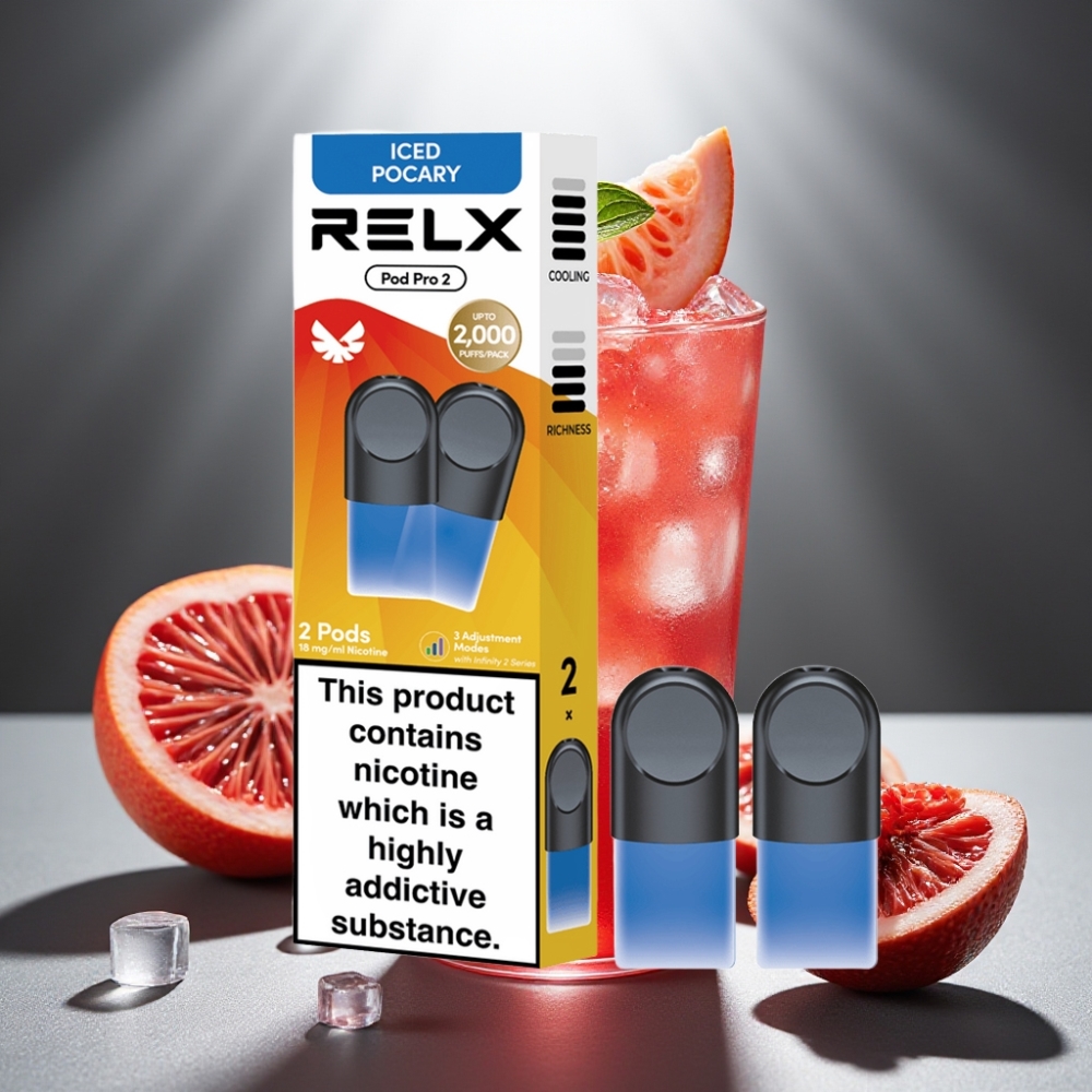 RELX Pod Pro 2 1.8% Nikotīna 1.9ml Dzēriens-Ledus Pocary 600 Pūkšanas